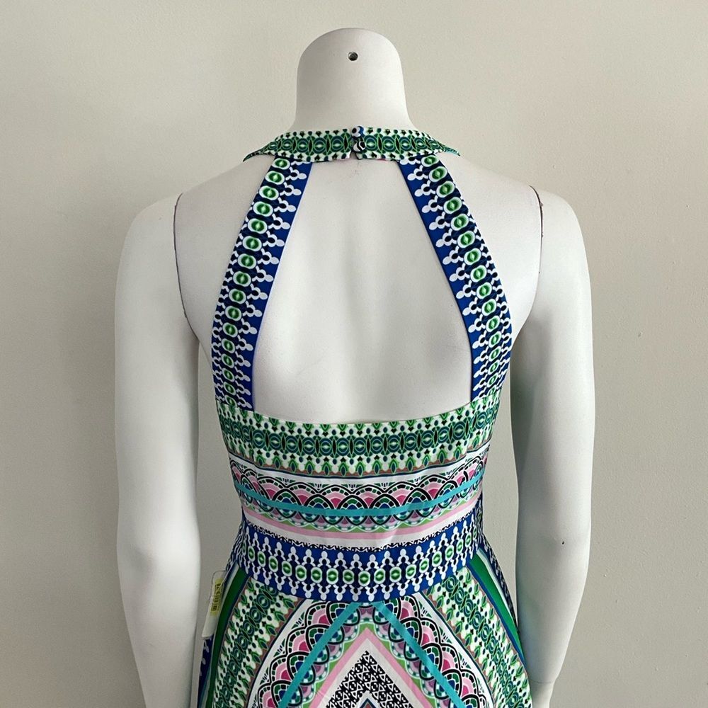 Eliza J Halter Handkerchief Hem Scarf Print Dress Green 8 - Picture 8 of 12